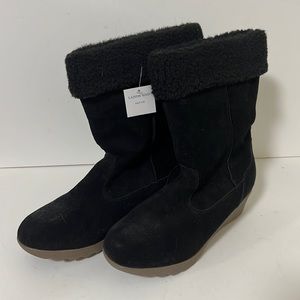 Lands End Chalet Black Boots Size 10 Faux Fur Wedge NEW
